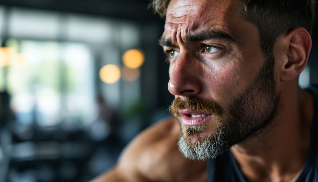 hombre barbudo concentrado en gimnasio con luces difusas de fondo