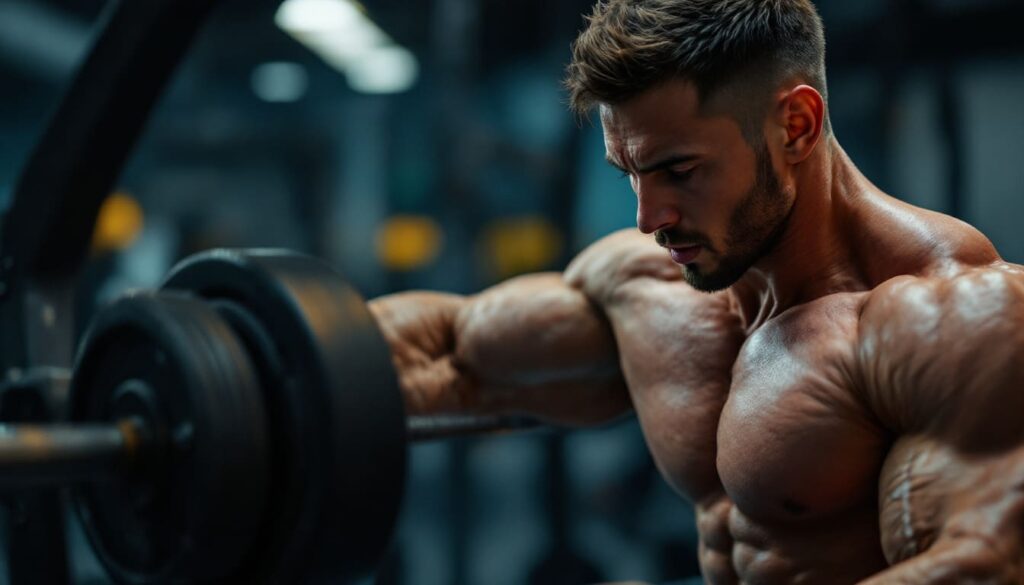 hombre musculado entrenando con mancuernas en gimnasio industrial