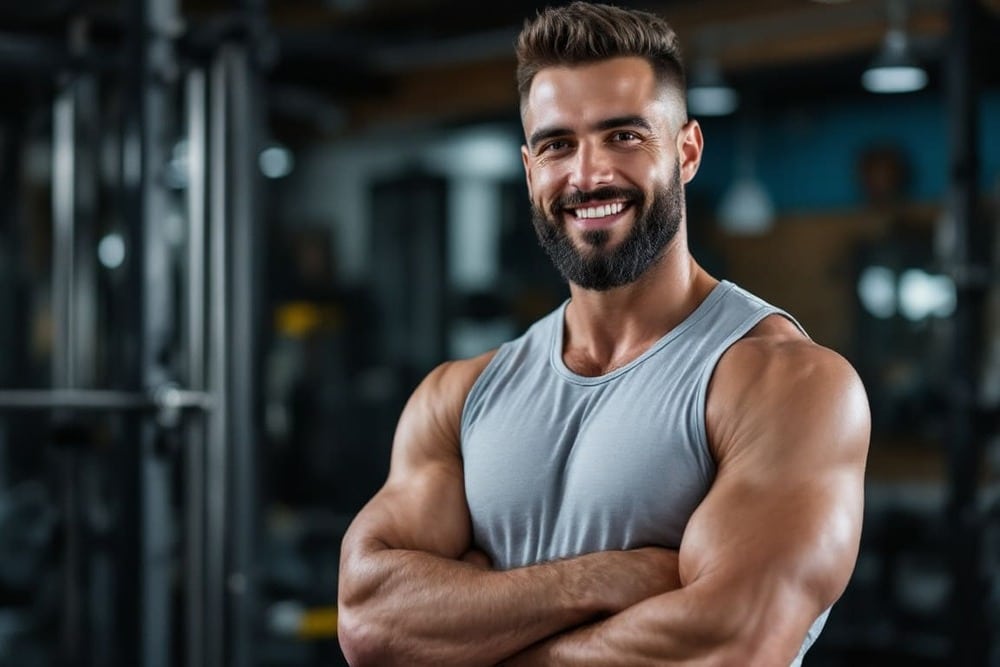 hombre musculoso sonriendo con brazos cruzados en sala de entrenamiento