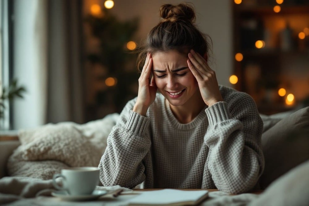 mujer joven estrresada sentada sofa casa noche