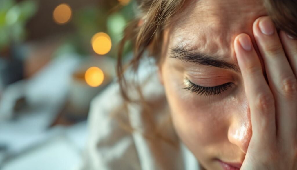 primer plano rostro mujer dolor cabeza estres