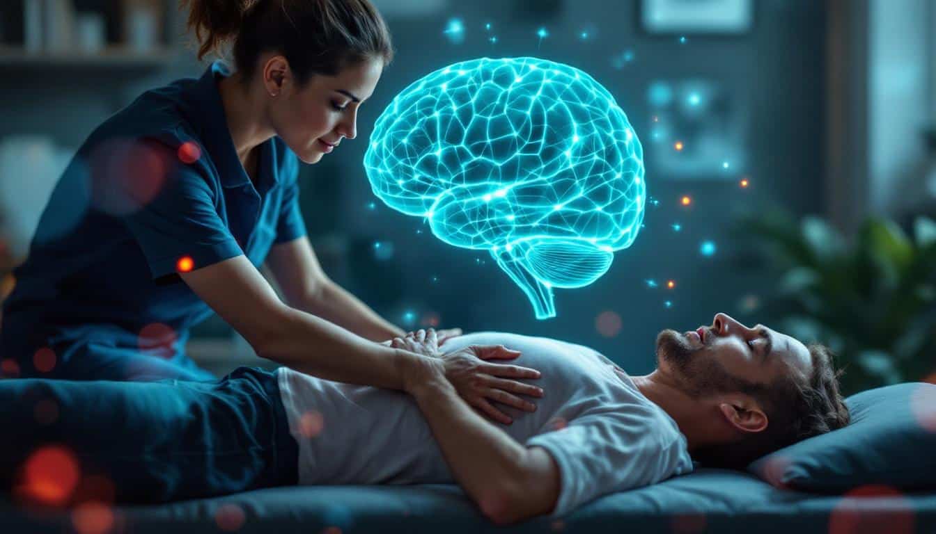 A photograph of a physiotherapist engaging with a patient in a dynamic rehabilitation session