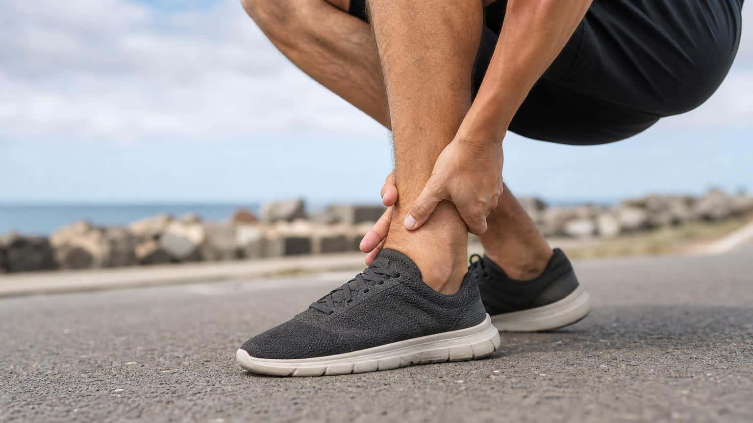 Close-up of a person in athletic gear crouching on a paved path and clutching their outer ankle in pain against a coastal background.